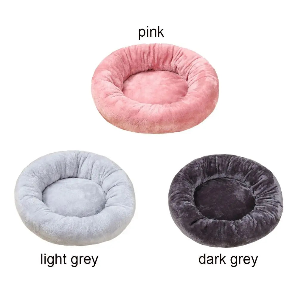 Pink, light grey, and dark grey donut dog bed for cats and dogs, soft washable round pet cushion bed