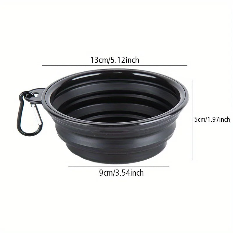 portable dog travel bowl black collapsible silicone pet food and water bowl with carabiner, 13cm wide