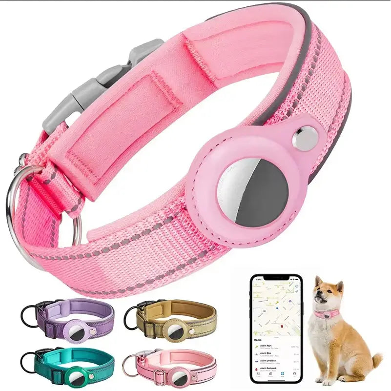 Reflective AirTag Dog Collar, Heavy Duty Dog Collar with Adjustable AirTag Holder Case Accessories for Small Medium Large Dogs in pink.