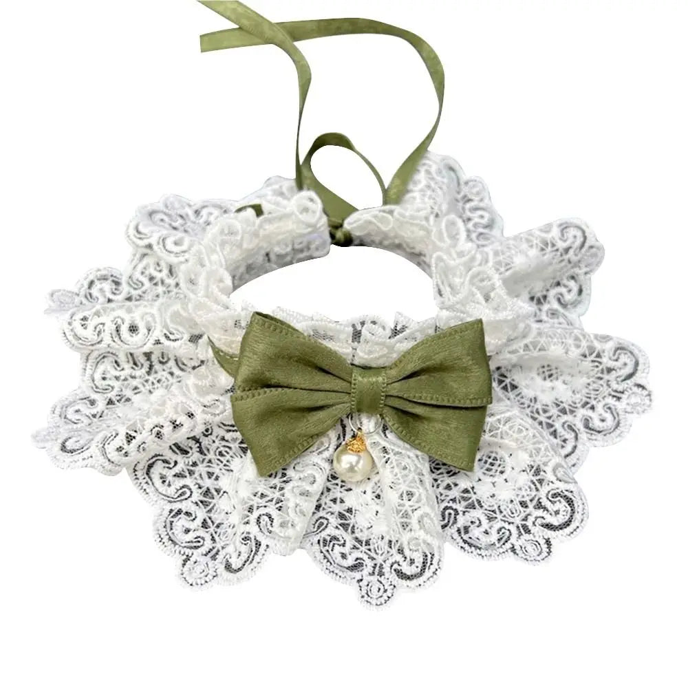 Lace dog collar with green satin bow and pearl charm, pet accessories for dogs