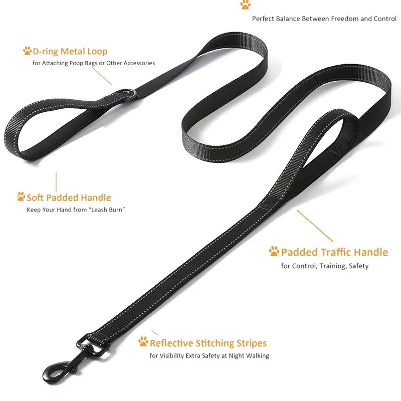 heavy duty double handle dog leash with reflective strips, padded traffic handle, and D-ring metal loop for large breeds