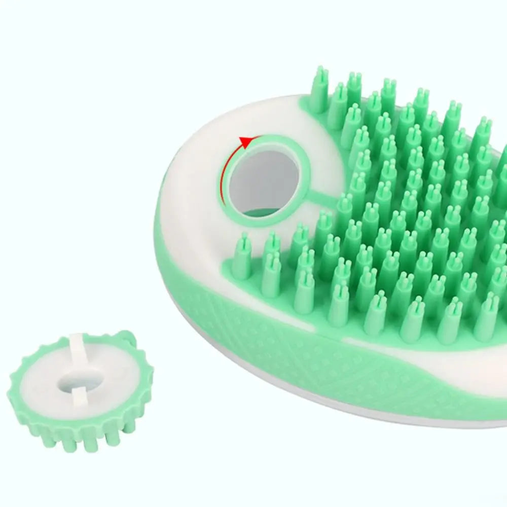 shampoo dispenser dog bath brush silicone pet massage comb with refillable shampoo port and soft grooming bristles