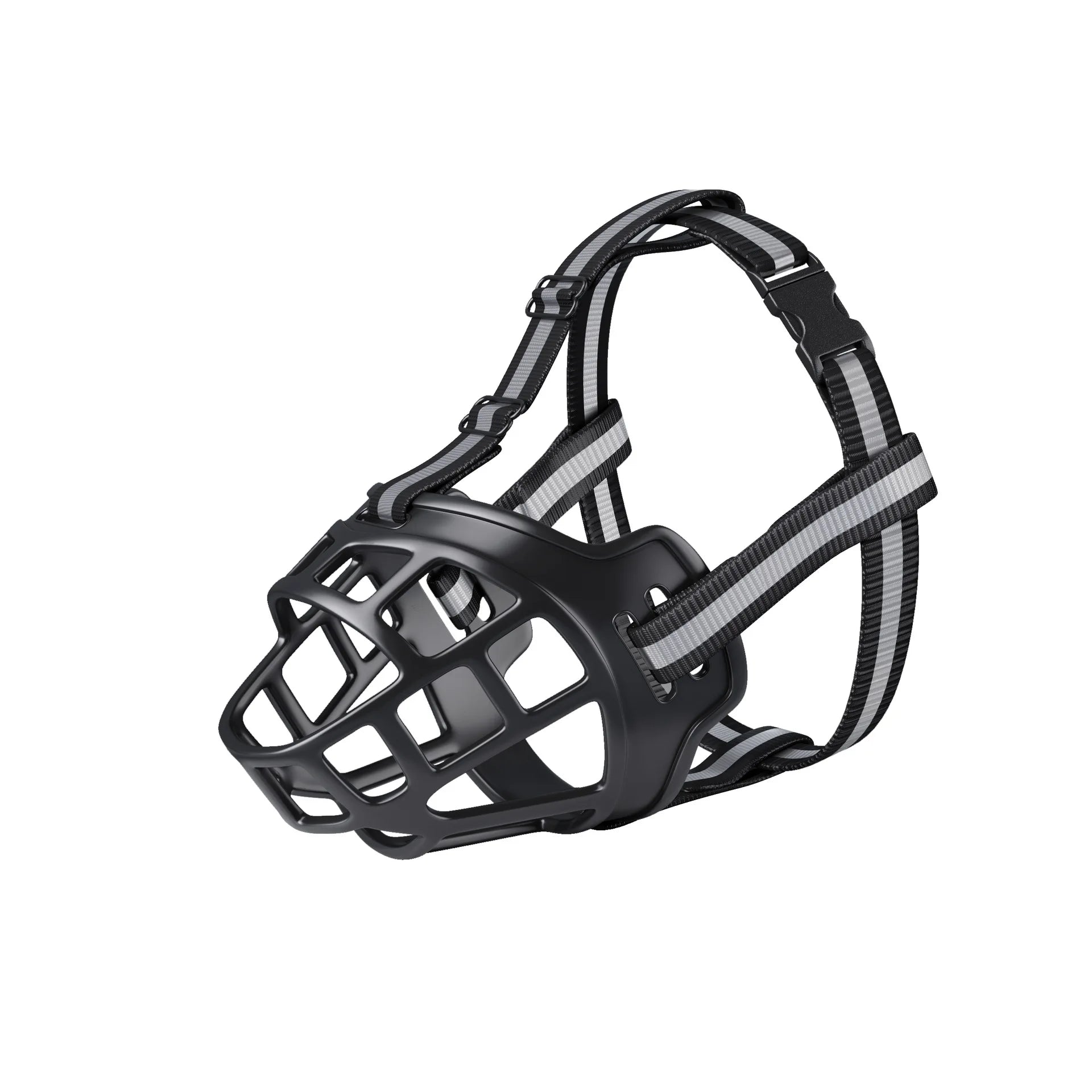 Adjustable black basket dog muzzle with reflective straps for safety and training