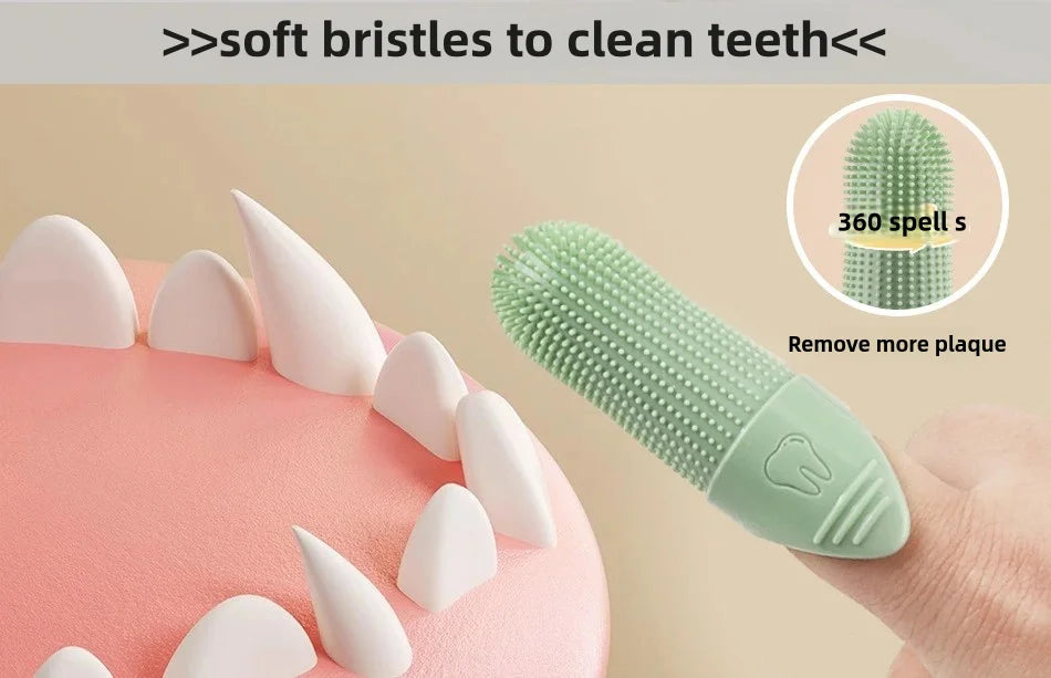 silicone finger toothbrush for dogs with soft 360° bristles to remove plaque and clean teeth