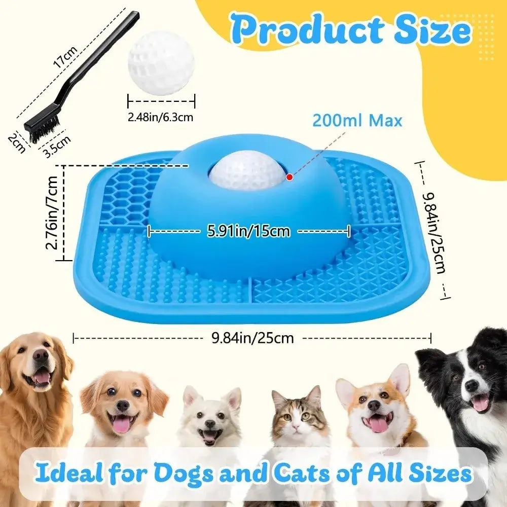slow feeder dog bowl with interactive lick mat and floating ball for dogs and cats, 25cm blue