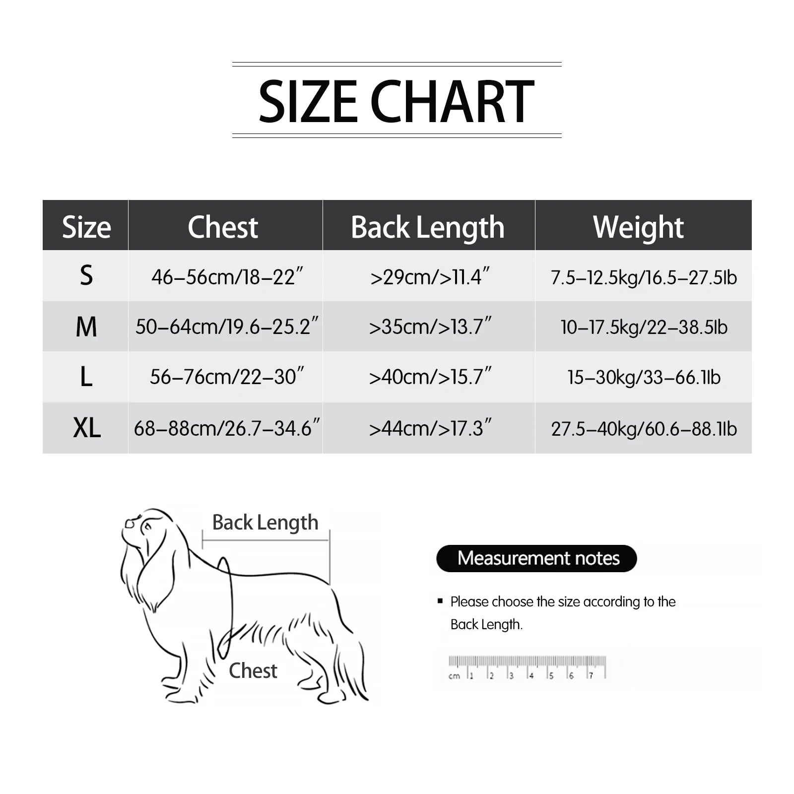 shark dog life jacket size chart for adjustable pet flotation vest with chest, back length, and weight measurements