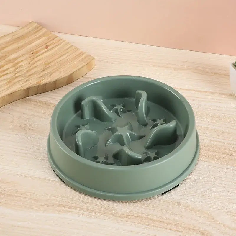 Green slow feeder pet bowl for small dogs and cats, anti-slip anti-tip plastic feeding dish to help prevent choking