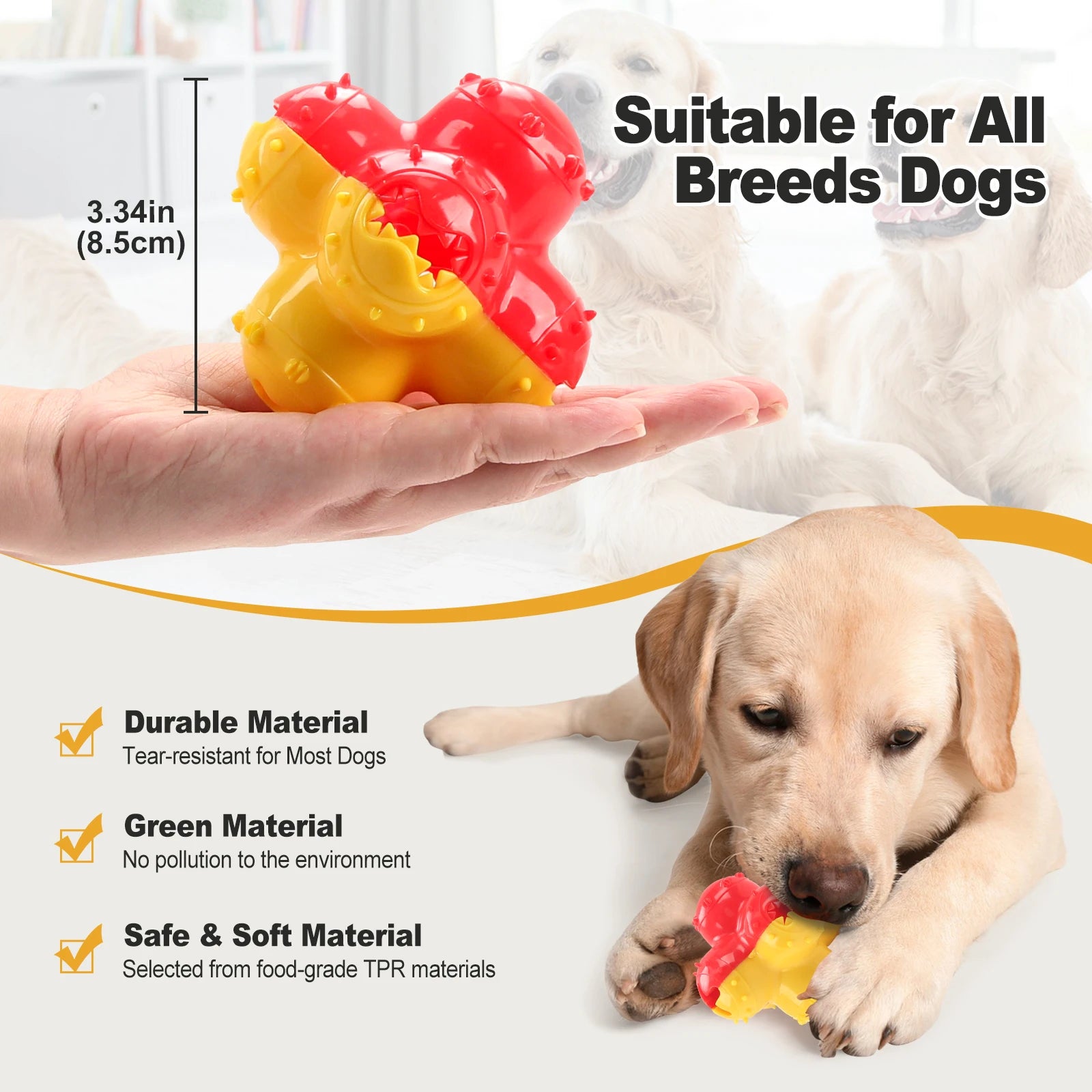 Yellow and red chew toy for dogs shown in hand and with a Labrador playing indoors