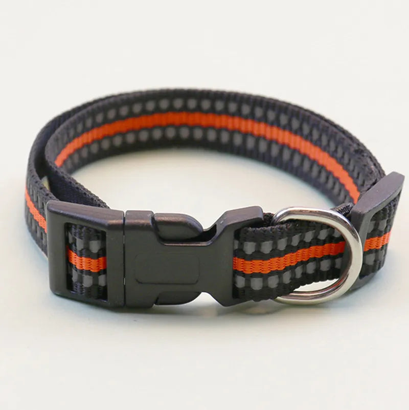 Orange reflective dog collar, adjustable nylon striped pet collar, 1.5x24-40cm, waterproof for dogs and cats
