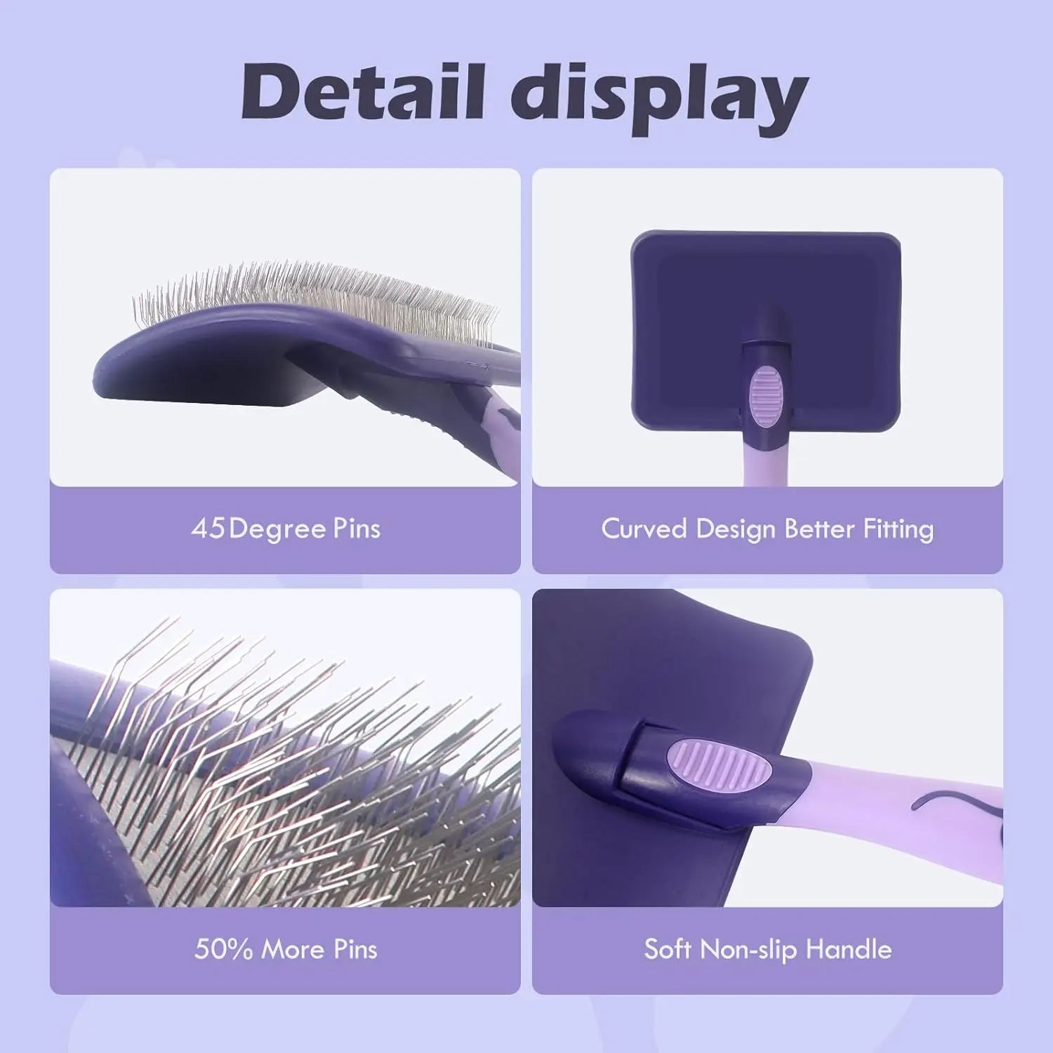 dog grooming brush for poodles with 45-degree pins, curved design, and soft non-slip handle for detangling
