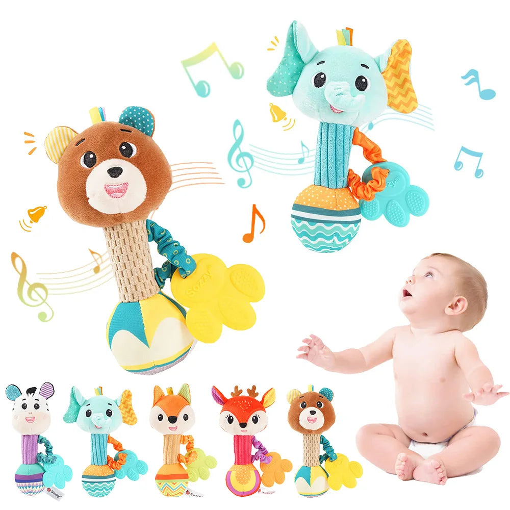 soft baby rattle toy plush animal hand grip shaker for newborn sensory play and travel