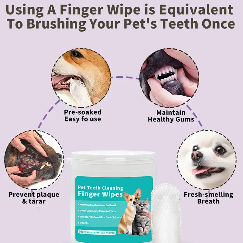 Using Dog Teeth Cleaning Finger Wipes Disposable Finger Wet Wipes Super Soft Oral Care Toothbrushes 50Pcs for pet care.