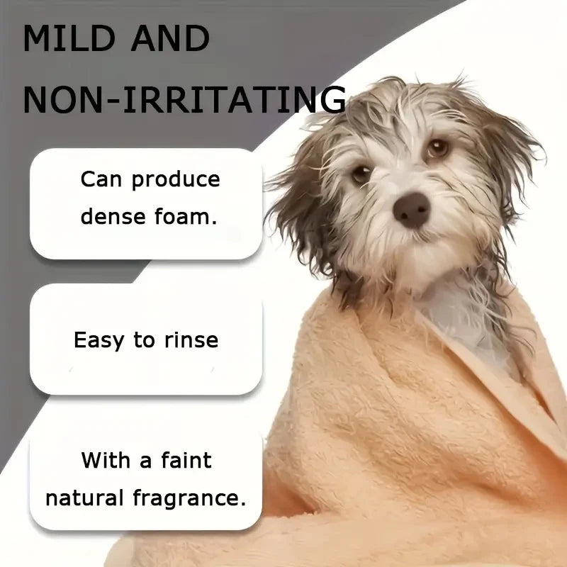 pet shampoo for dogs and cats, mild non-irritating, dense foam, easy to rinse, faint natural fragrance