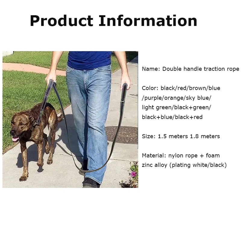 heavy duty double handle dog leash for training and outdoor travel with greater control