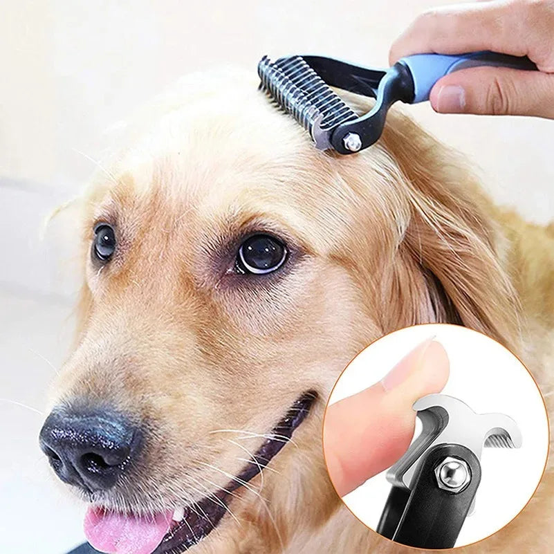 pet deshedding brush for dogs and cats, dual-sided fur knot cutter and hair remover comb for safe grooming