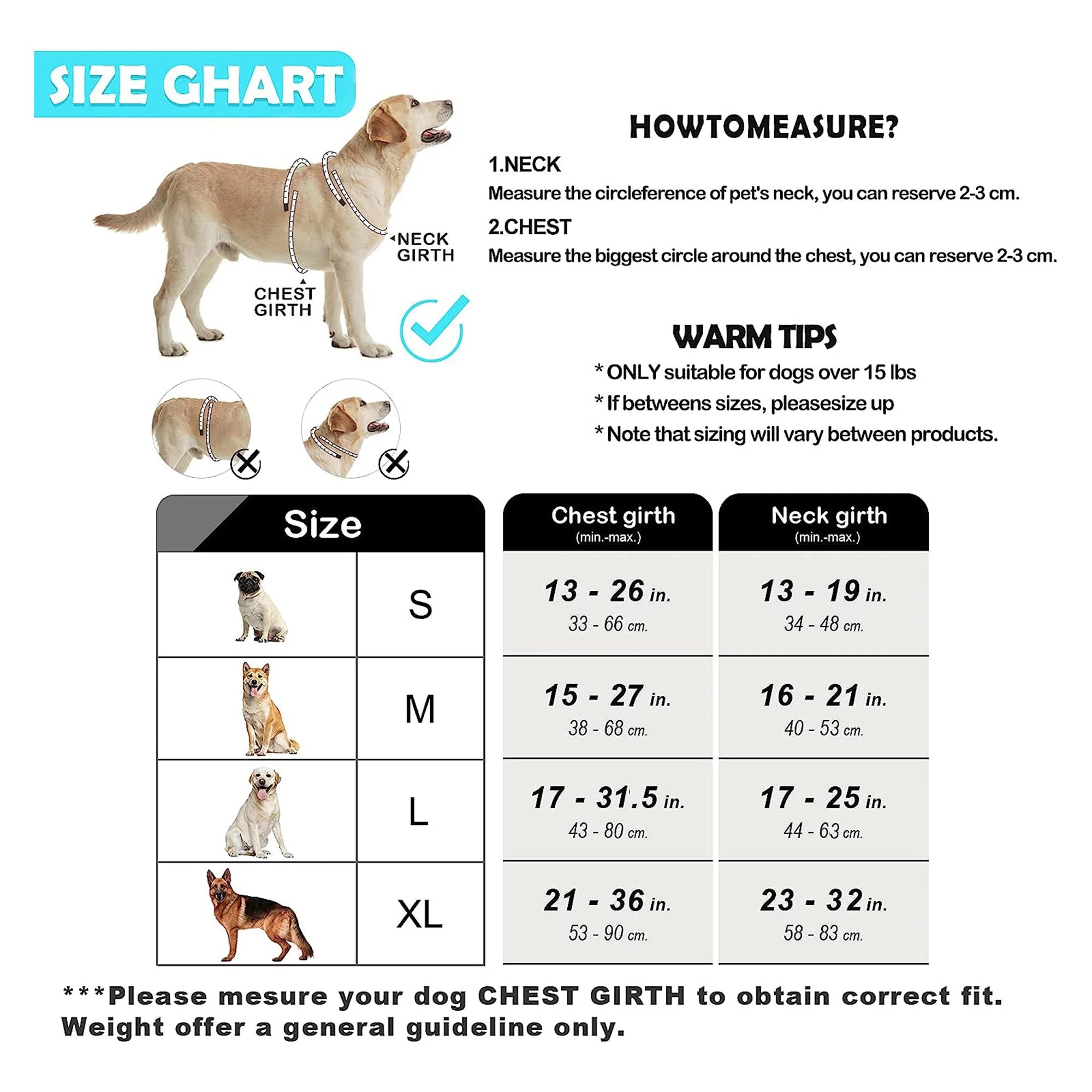 Size chart for No Pull Dog Harness, Adjustable Soft Padded Pet Vest with Easy Control Handle.