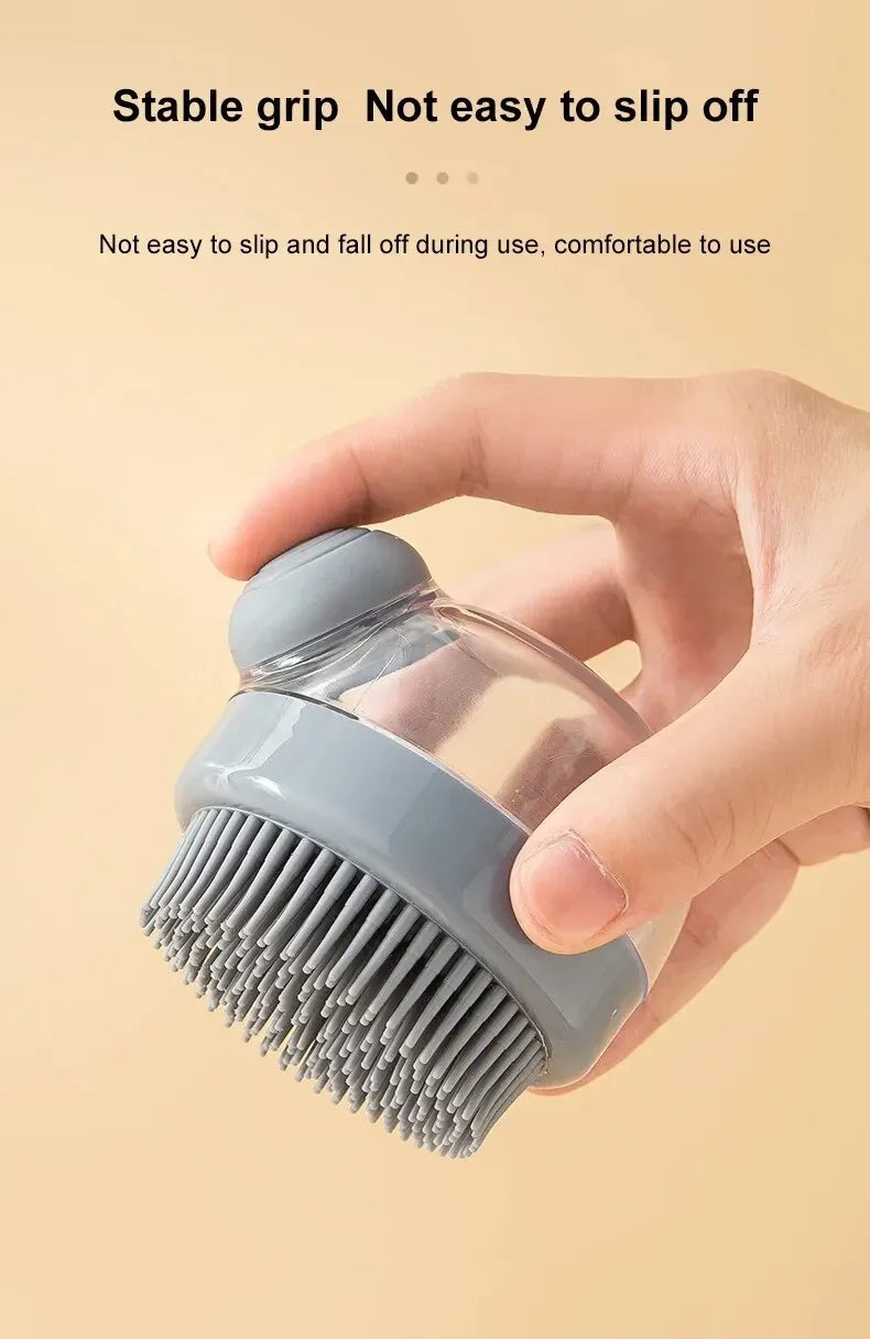 dog shower brush with shampoo dispenser, stable grip silicone pet grooming brush for bathing dogs and cats