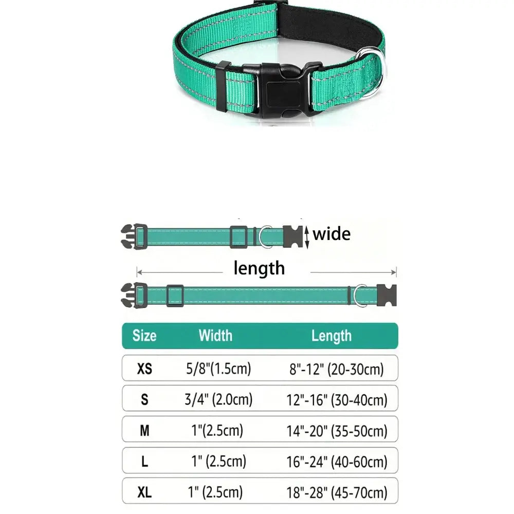 Dog Collar Nylon Soft Padded Adjustable Breathable Durable Comfortable Reflective Pet Collar for Small Medium Large Dog Bone Tag size chart