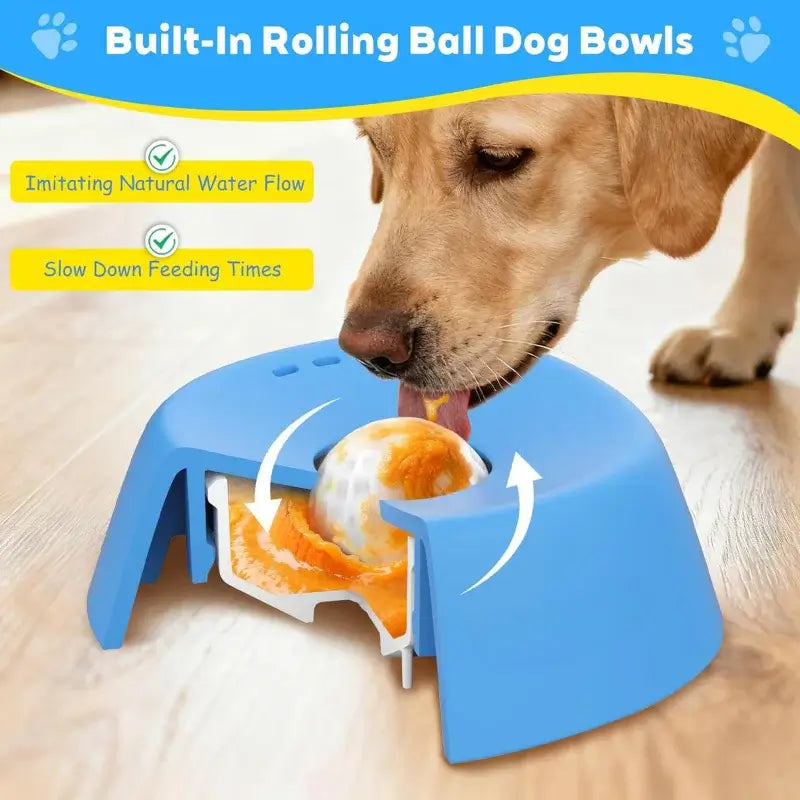 slow feeder dog bowl with built-in rolling ball for lick treats, helping dogs eat slower and reduce choking
