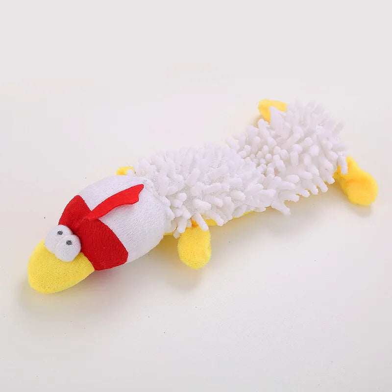 White squeaky plush dog chew toy with red frog-hippo design, mop fur, soft fleece, yellow feet for puppy training
