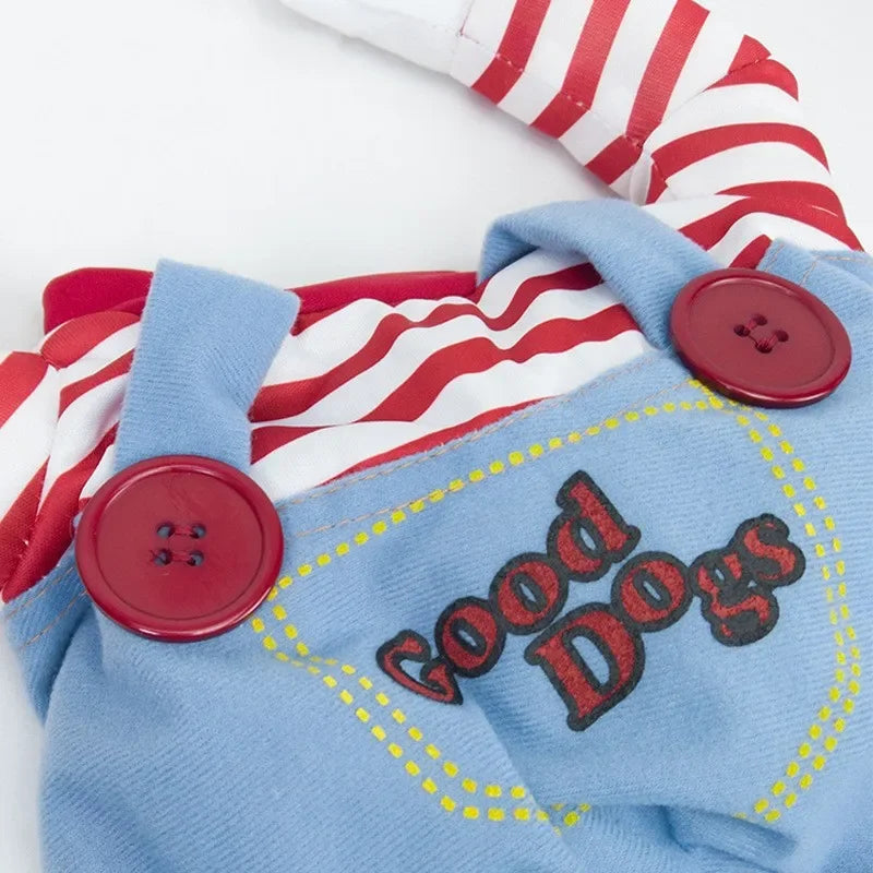 Dog costume with red and white striped shirt, blue overalls, and Good Dogs text