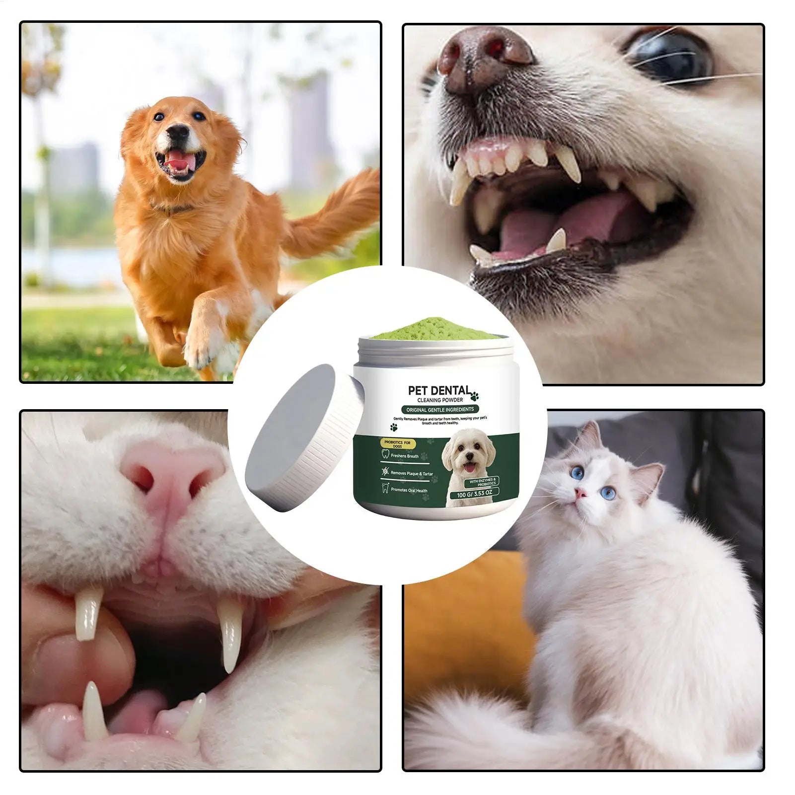 dog teeth cleaning powder for dogs and cats, helps remove plaque and tartar, freshens breath, supports oral care