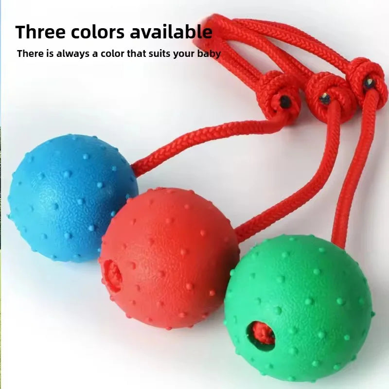 Dog chew toys set of three textured rubber balls with red rope, in blue, red, and green.