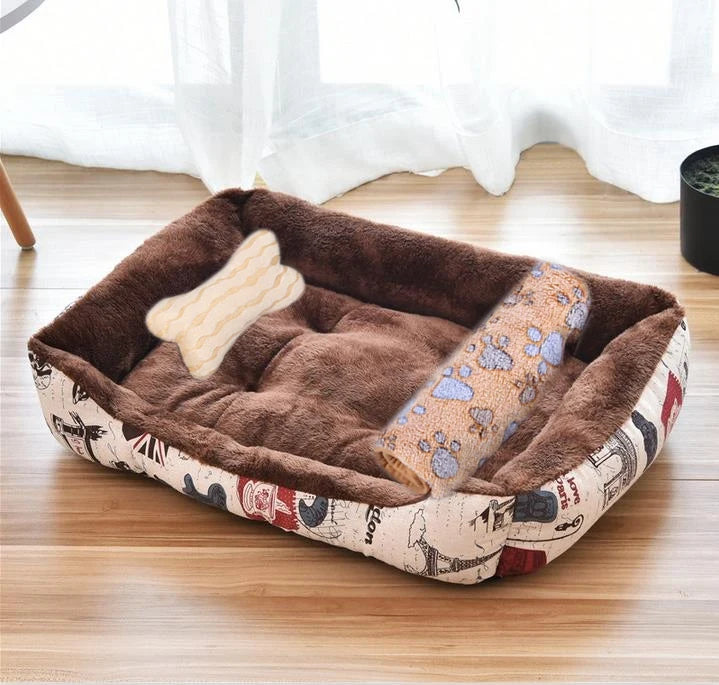 Large dog bed house in brown plush square nest with bone pillow, cotton washable kennel for small to large dogs and cats