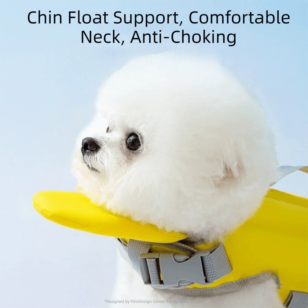 adjustable dog life jacket with chin float support, comfortable neck, anti-choking design for safe swimming