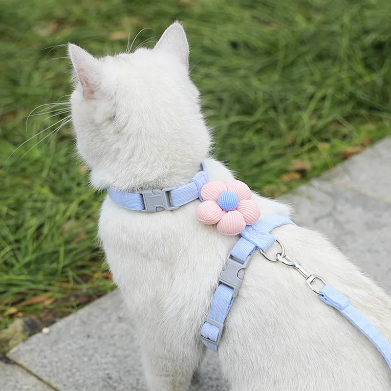 adjustable small dog harness and leash set, blue flower cat harness for puppy, breathable cute pet traction accessory