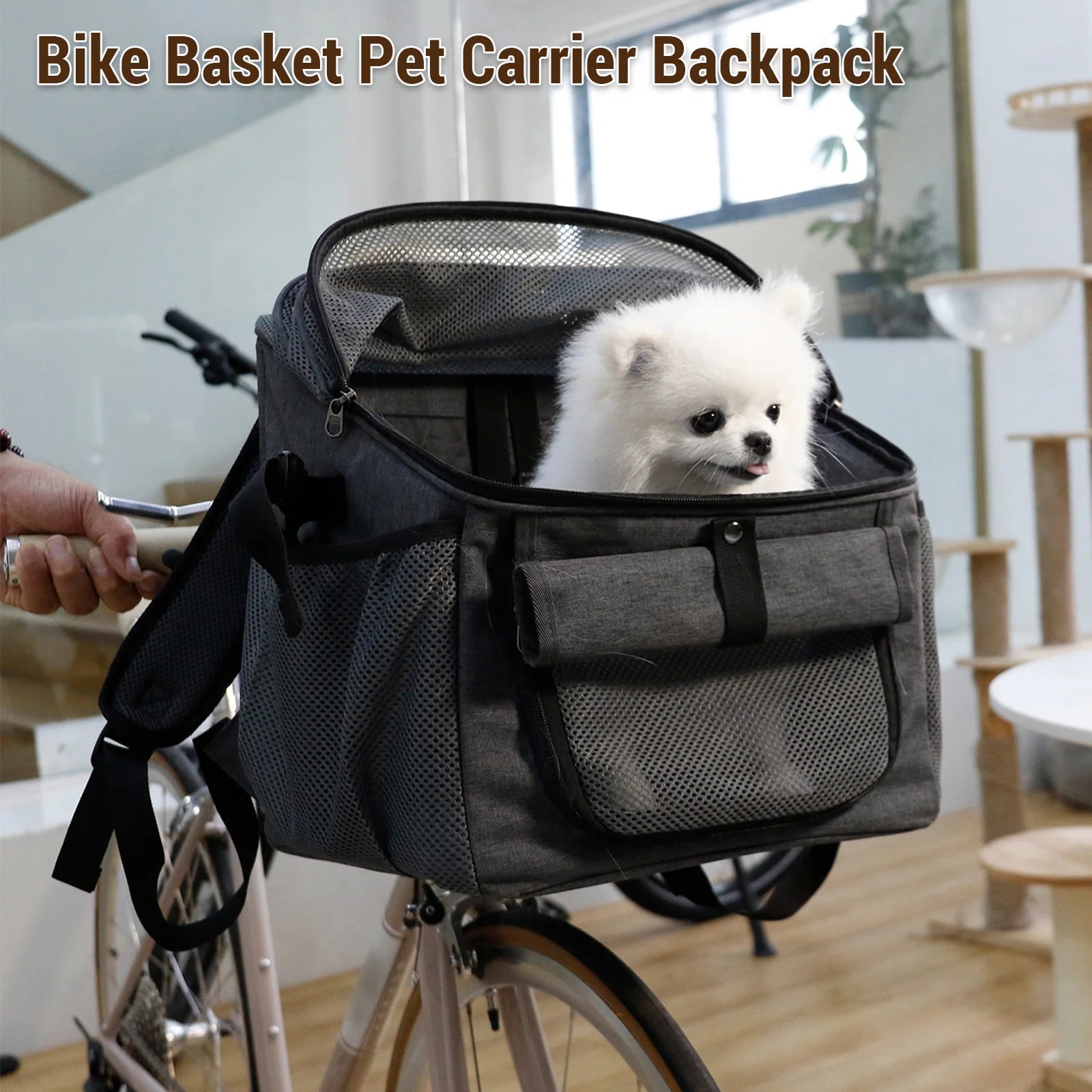 dog bike basket carrier backpack for small pets, expandable Oxford cloth bike basket with puppy inside