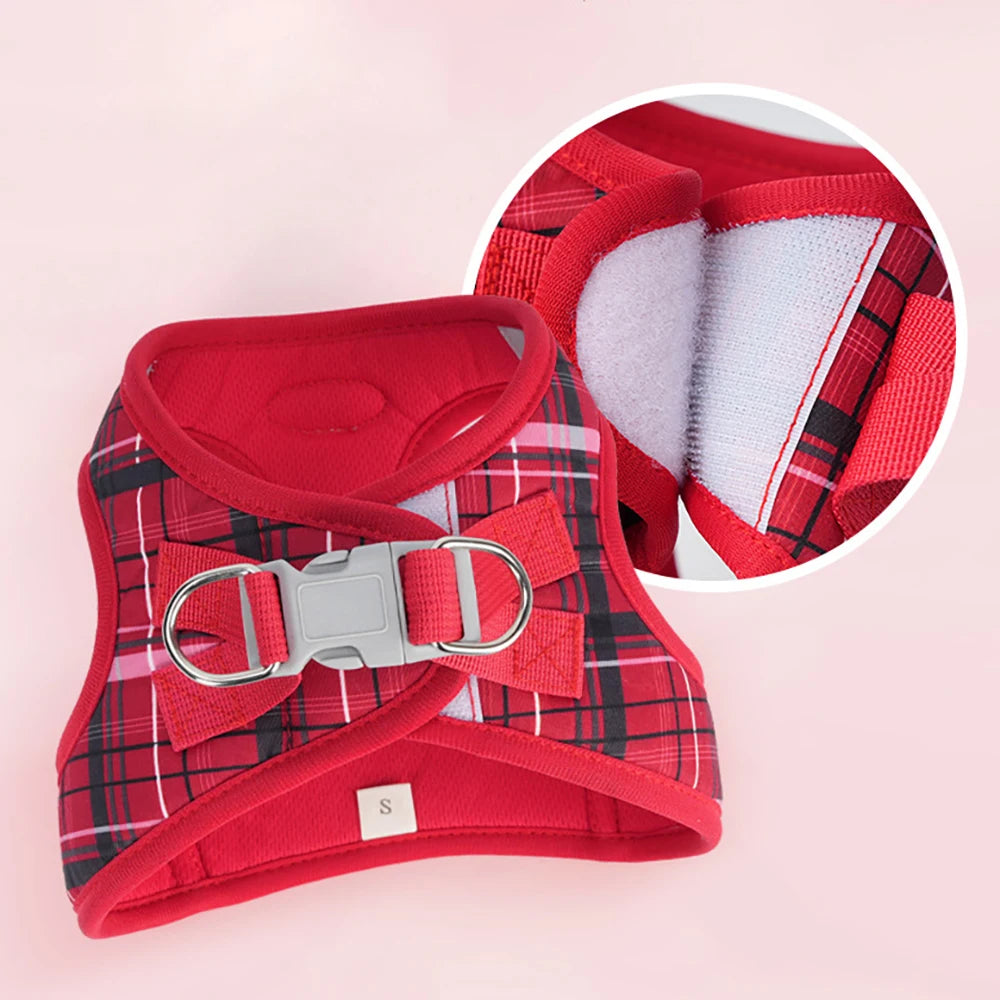 Plaid pet leash set for cats and dogs, adjustable red plaid harness with secure buckle and comfortable nylon fit