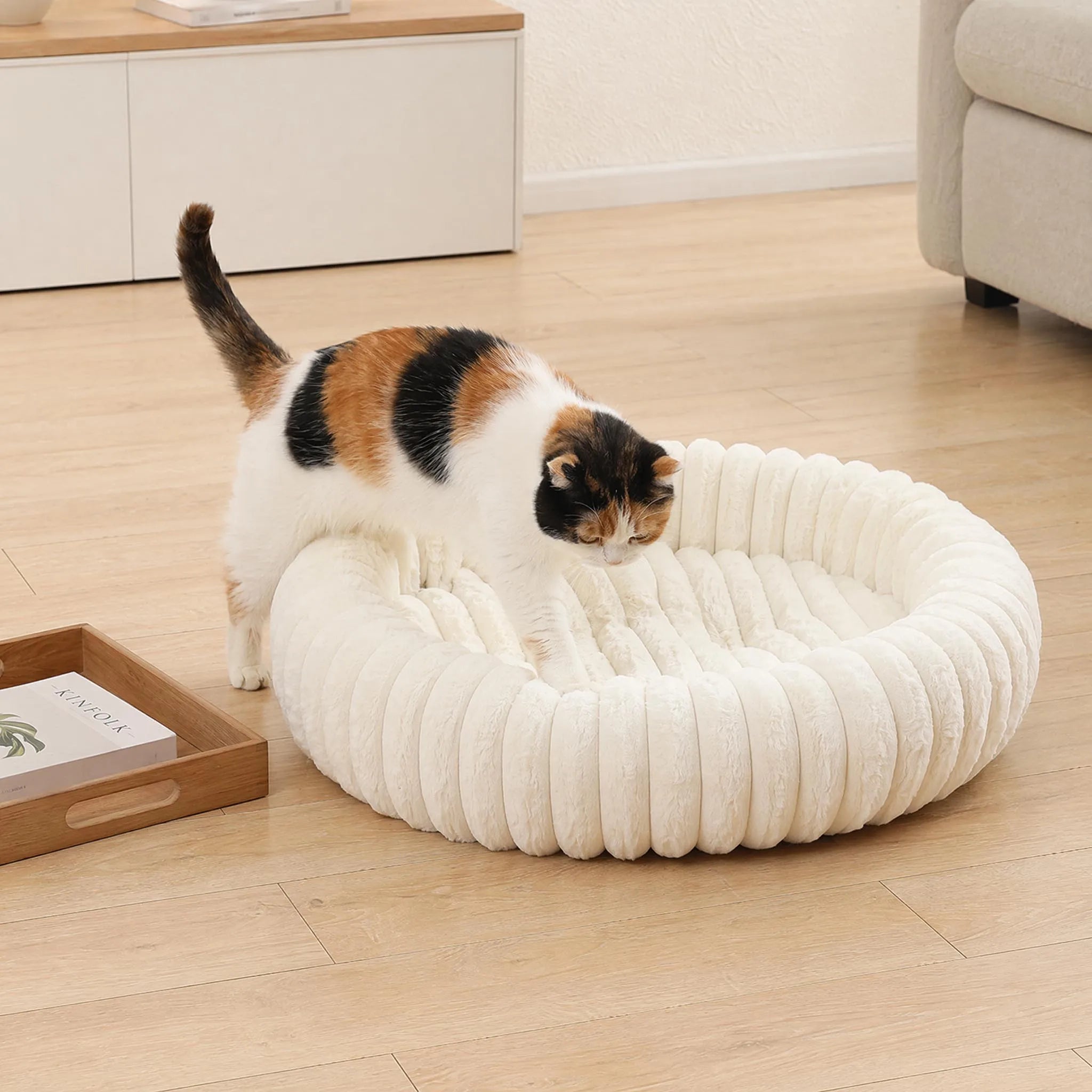 plush donut cat bed with ultra soft cream bolster nest for cozy deep sleep and anxiety relief