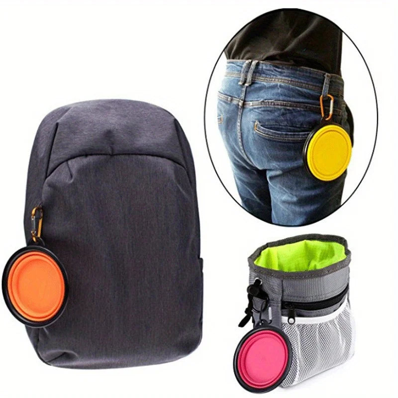 portable dog travel bowl for outdoor walks, foldable silicone pet food and water bowl with lip and clip-on design