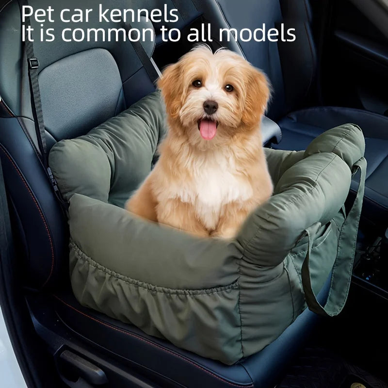 Dog car seat with safety belt, non-slip pet car bed for small dogs, washable travel carrier with secure straps