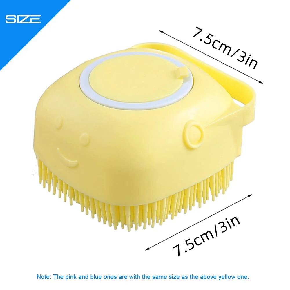 Yellow dog shampoo dispenser brush with soft silicone bristles, 7.5cm size, for dog and cat bathing, massage, and grooming