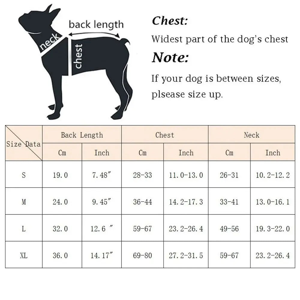 Reflective dog life jacket size chart with chest, neck, and back length measurements for adjustable pet safety vest fit