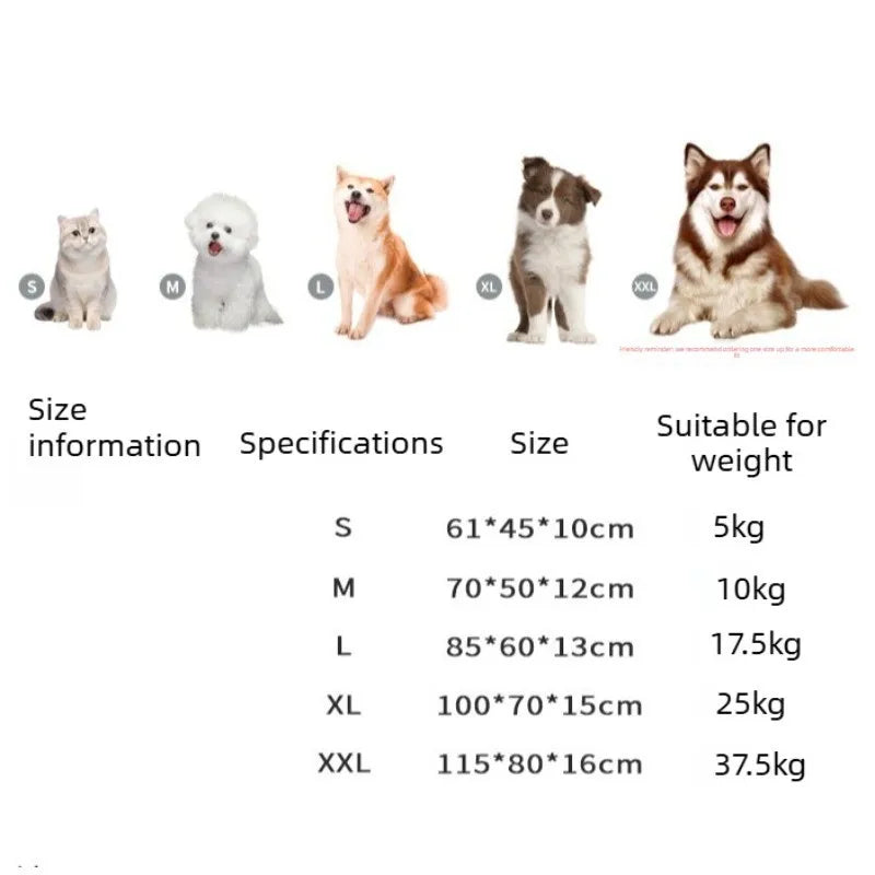 Waterproof washable dog bed size guide with S to XXL dimensions for cats and dogs, suitable for up to 37.5kg