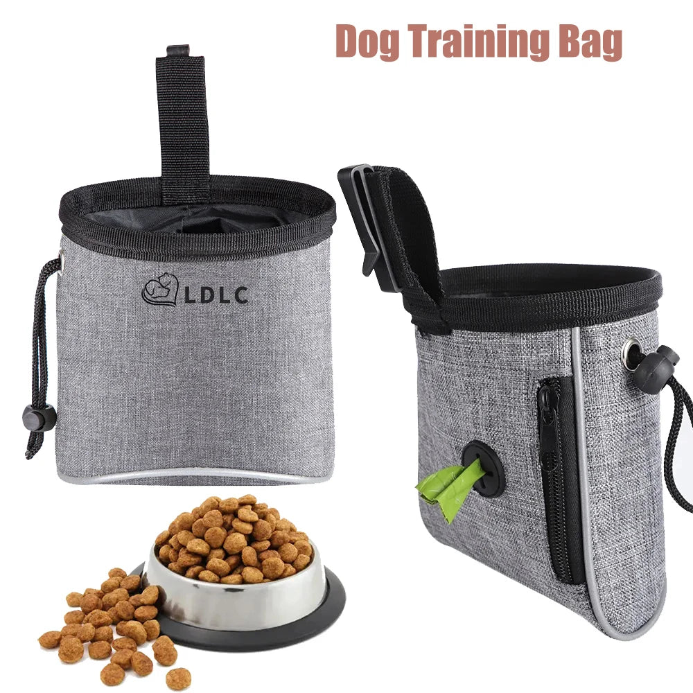 Gray dog training bag with drawstring, side zipper, and dog treats in a metal bowl.
