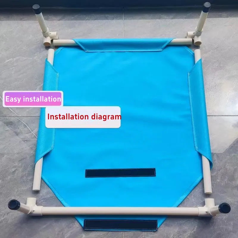 Easy installation elevated dog camping bed with blue nylon fabric, portable folding pet cot, removable washable dog hammock