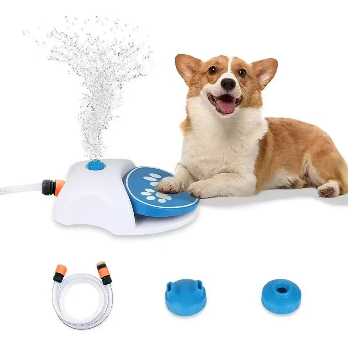 Orange step-on dog water fountain with hose, blue sprinkler pad, and corgi outdoors for courtyard pet watering