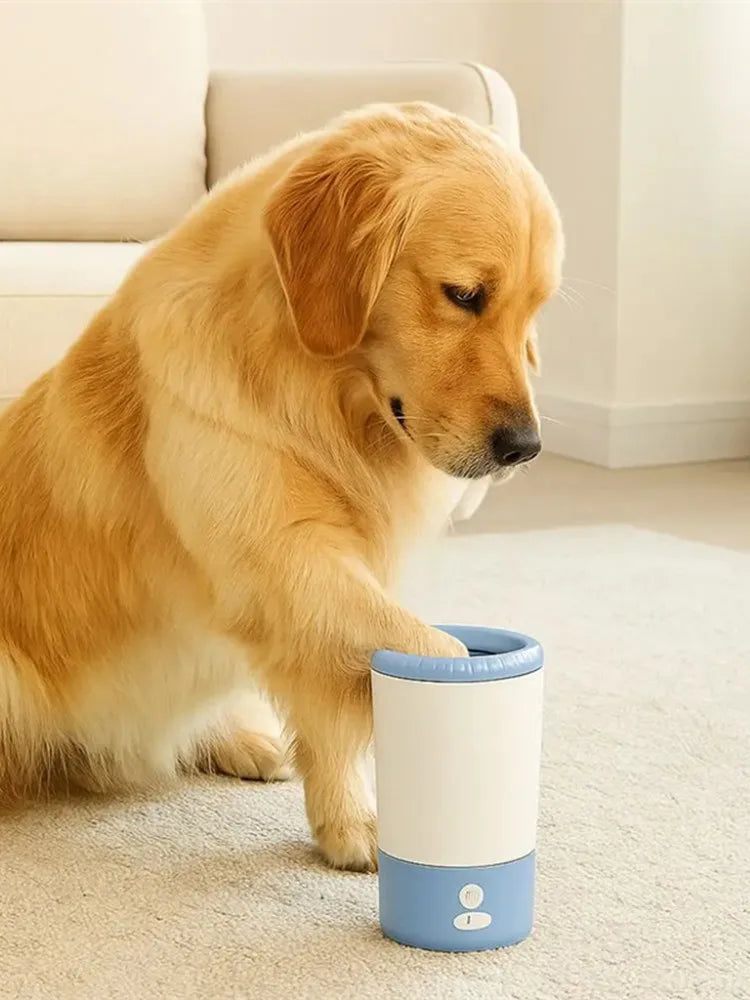 Golden retriever using automatic pet paw cleaner with soft silicone brush, portable USB-C rechargeable waterproof dog paw washer