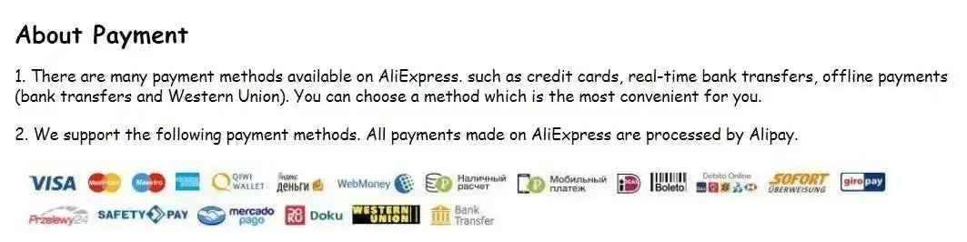 About payment methods on AliExpress including credit cards, bank transfers, and online payment options.