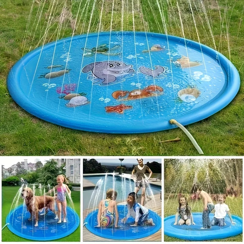 Blue splash pad with water sprinkler, sea animal design, kids and dog playing outside