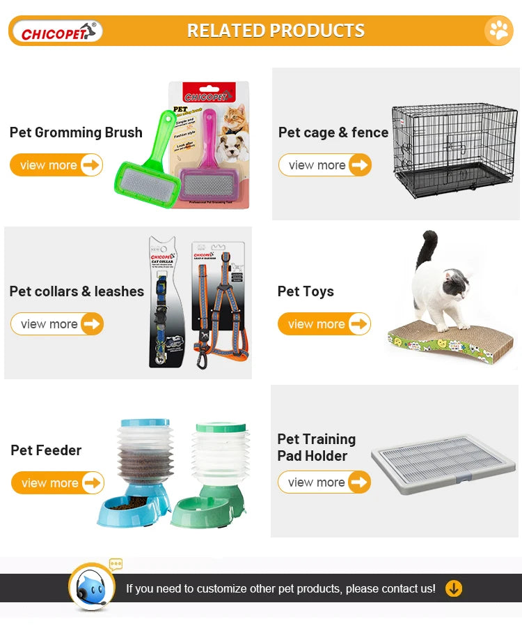 Related products including pet grooming brush, pet cages & fences, collars & leashes, pet toys, feeders, and training pad holder.