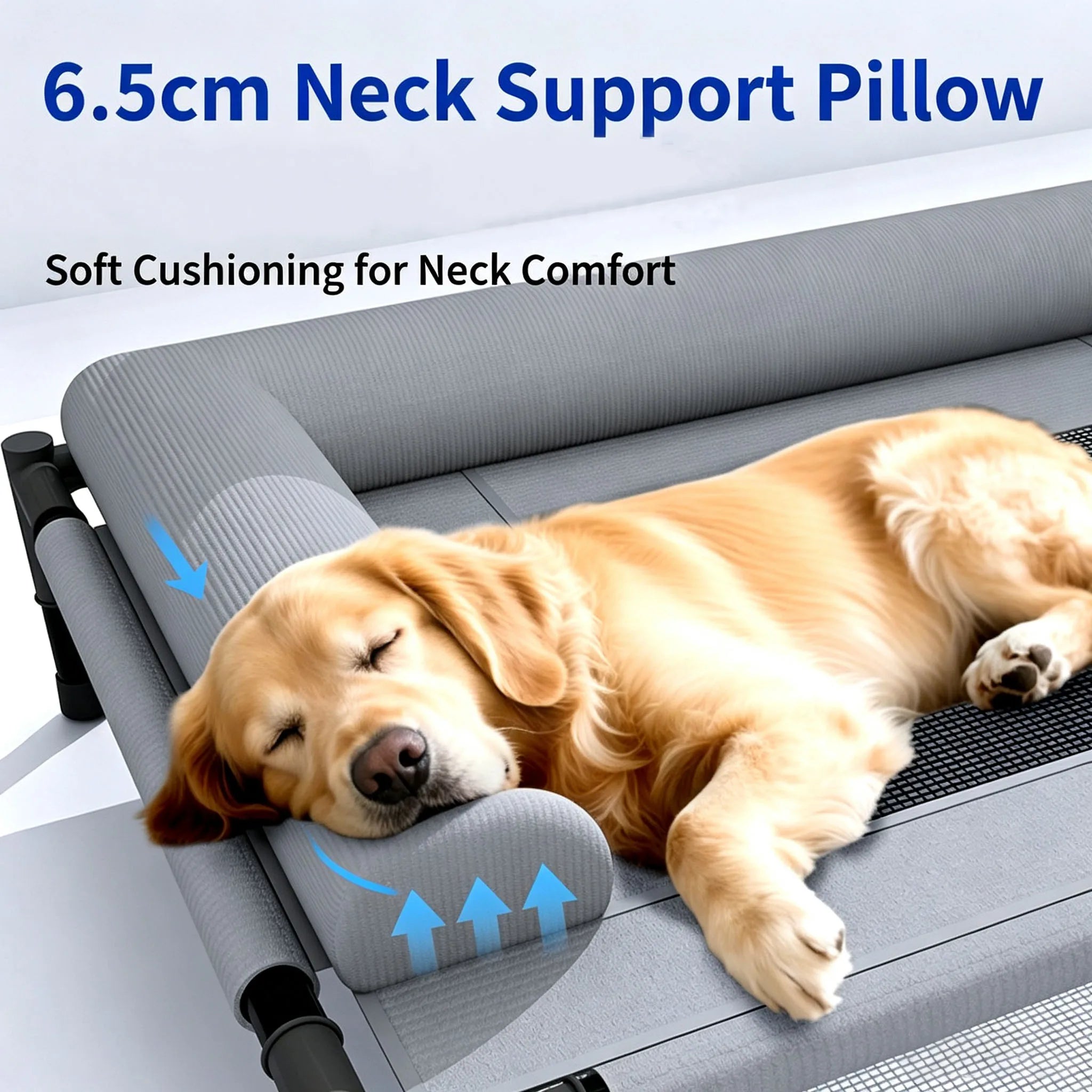 elevated cooling dog cot bed with pillow, breathable mesh, soft neck support, washable outdoor indoor pet furniture