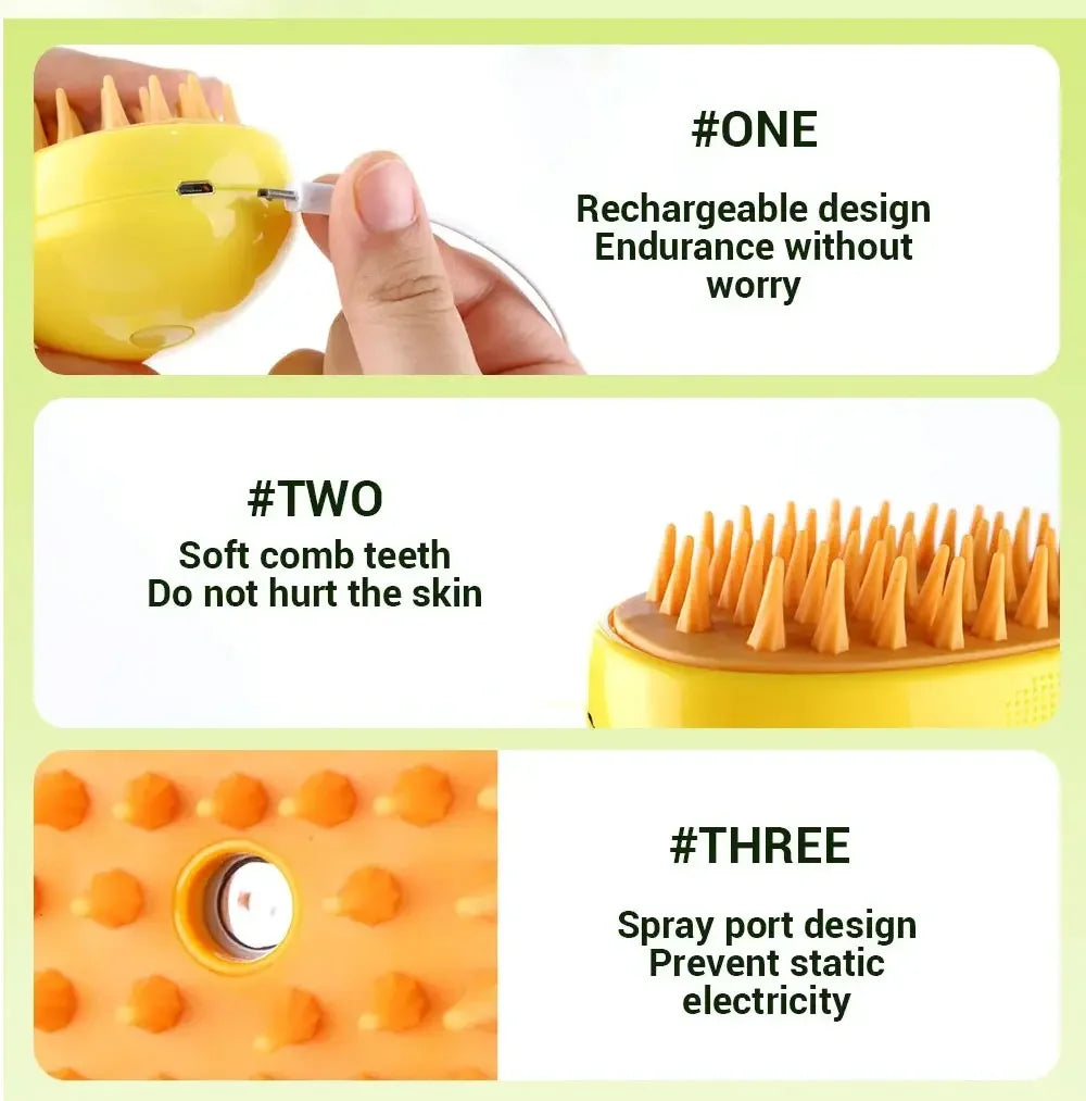 pet steam grooming brush with rechargeable design, soft comb teeth, and spray port to reduce static electricity
