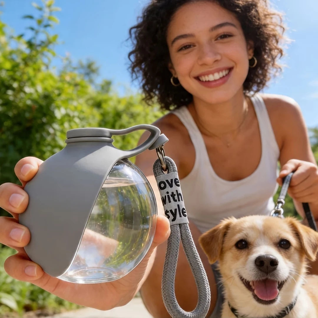 portable dog water bottle with bowl for outdoor walking, hiking, and travel hydration with a happy dog and owner