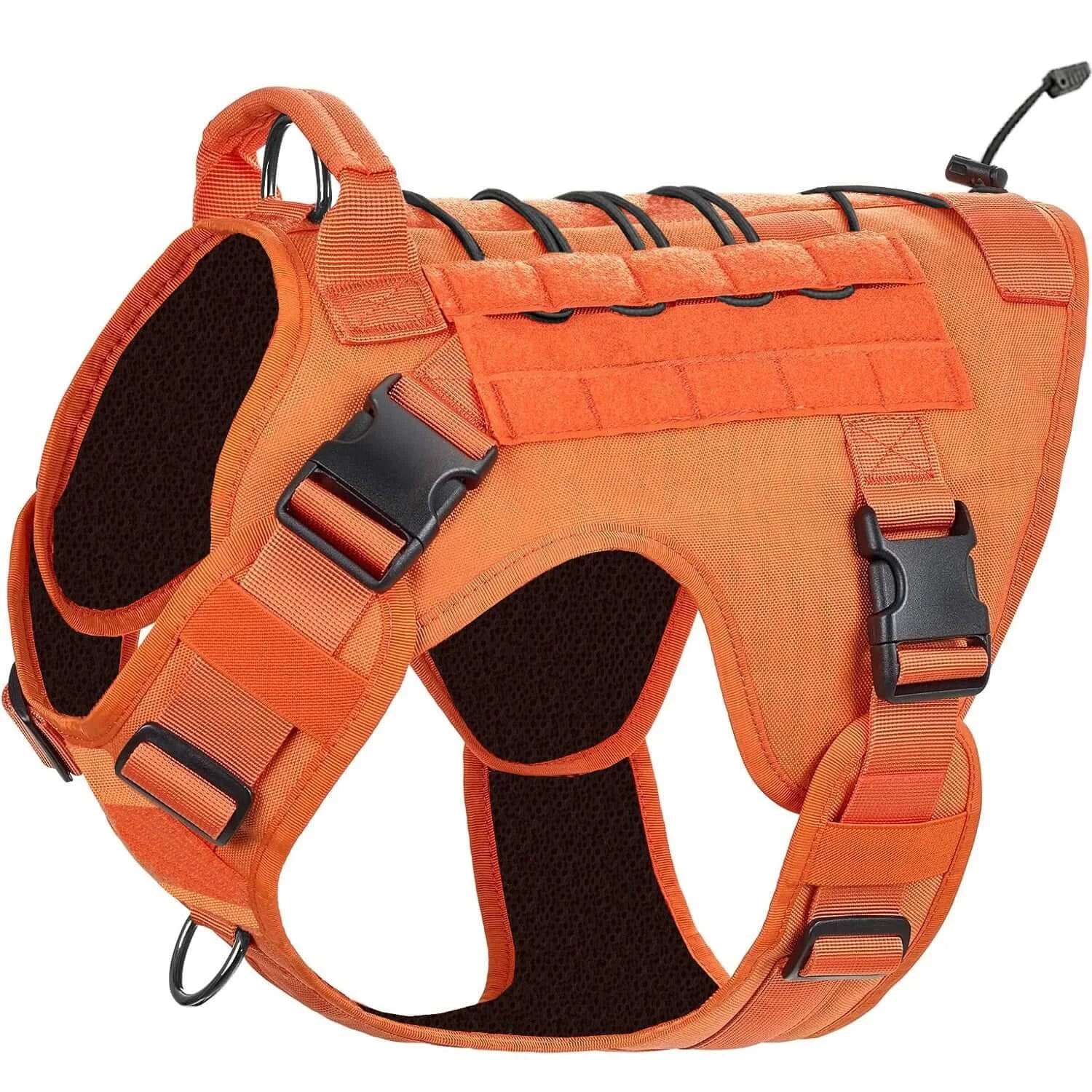 Orange tactical dog harness with handle, no-pull service dog vest with hook & loop panels, adjustable padded vest