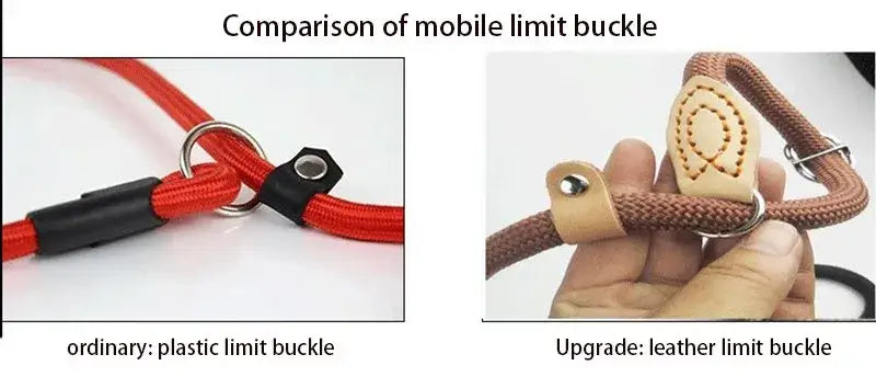 Comparison image showing ordinary plastic limit buckle and upgraded leather limit buckle for dog leashes.